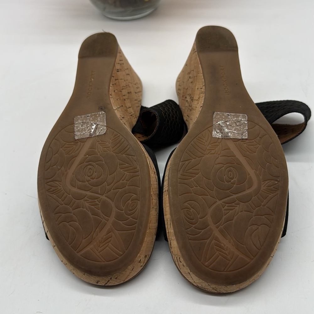 Rockport Black Slip On Two Strap Leather Cuts Out Cork Wedge Sandal Sz 7.5 - Picture 5 of 8